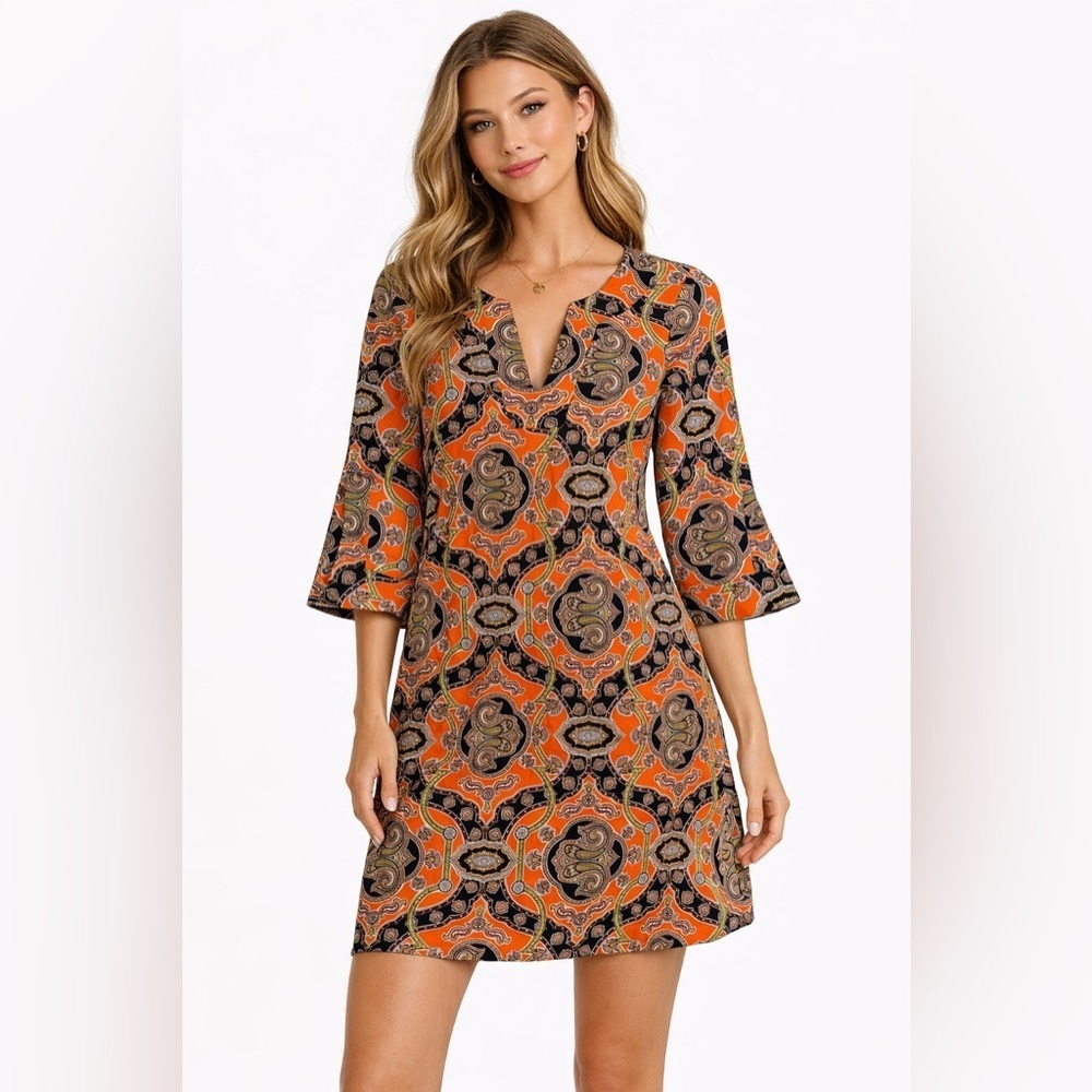 Jude Connally Orange Paisley Shift Dress 3/4 Sleeve V-Neck Dress
